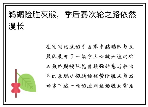 鹈鹕险胜灰熊，季后赛次轮之路依然漫长