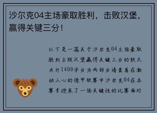 沙尔克04主场豪取胜利，击败汉堡，赢得关键三分！